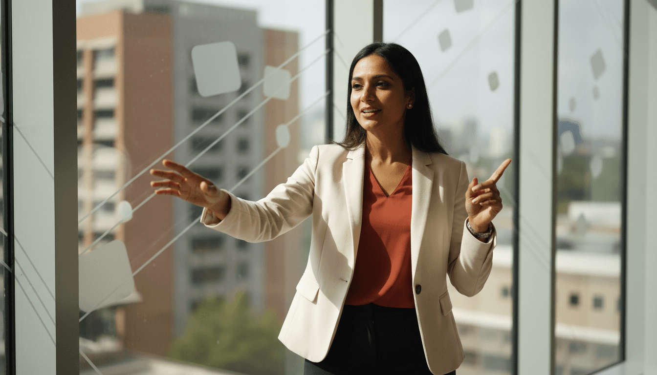 Communication skills training - professional woman presenting with confidence